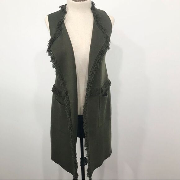 Sisters Olive Green Felted Knit Fringed Open Front Tunic Cardigan Vest - Picture 2 of 16